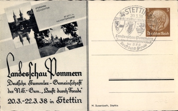 Postal stationery Postcard Szczecin Stettin Pomerania, Stamp State Exhibition Pomerania 20.-22.03.1938