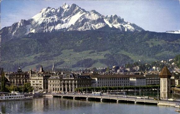 Postcard Lucerne City Switzerland, view to Pilatus, water tower
