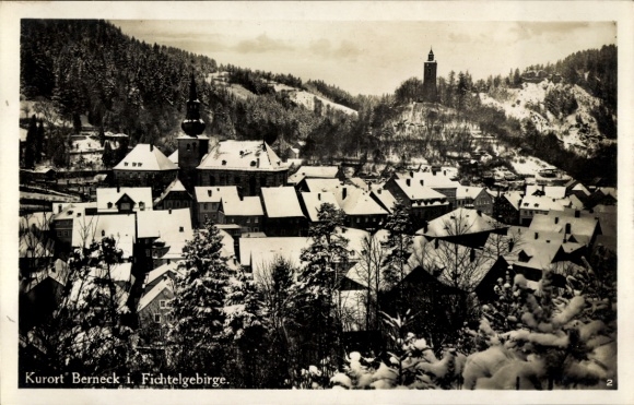 Postcard Bad Berneck in the Fichtelgebirge Bavaria, snow-covered houses, church, tower, winter landscape
