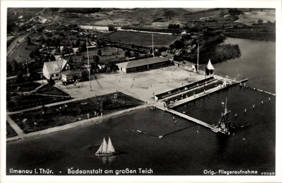 Postcard Ilmenau in Thuringia, aerial photograph, bathing establishment at the large pond