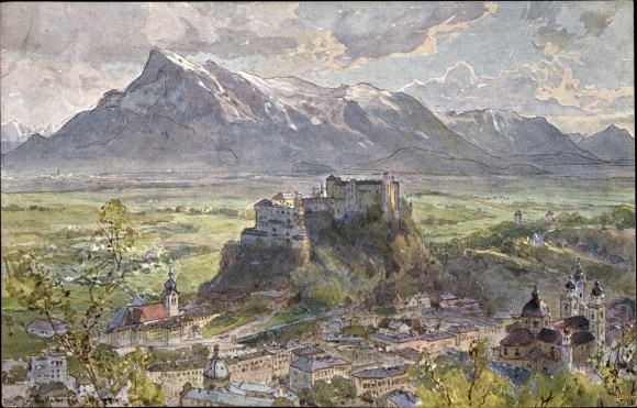 Kunstenaarsbriefkaart Compton, EH, Salzburg in Oostenrijk, panorama