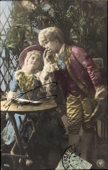 Postcard young couple in Barott clothing, wigs, knee socks
