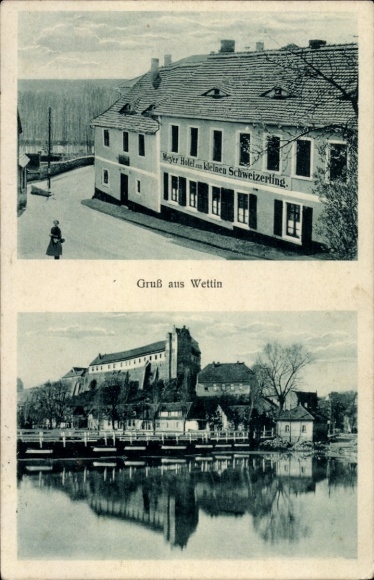 Ak Wettin Löbejün im Saalekreis, Meyer Hotel kleinen Schweizerling, Gruß aus   Gebäude