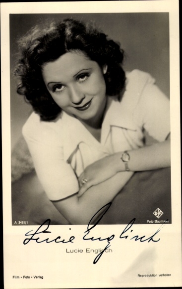 Postcard actress Lucie English, portrait, Ufa film, autograph