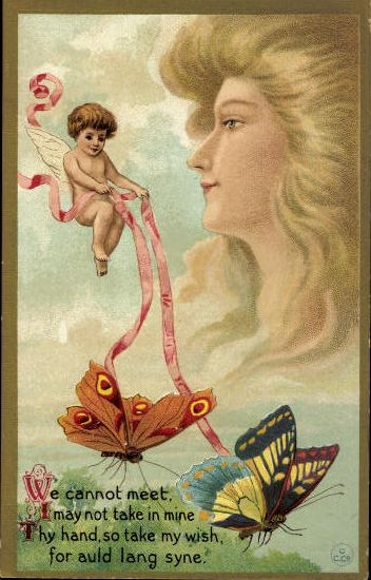 Complete series 12 embossed PCs Young woman, long hair, butterfly, angel