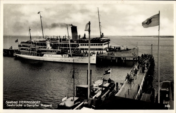 Postcard Ostseebad Heringsdorf on Usedom, pier, steamer Rugard, steamer Swinoujscie