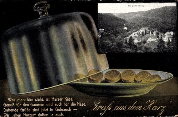 Ak Mägdesprung Harzgerode am Harz, Harzer Käse, Geschirr,  Landschaftsblick