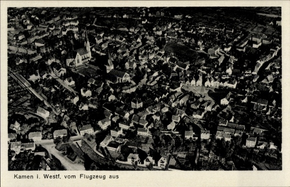 Postcard Kamen in the Ruhr area district of Unna, aerial photograph, panoramic view of the city