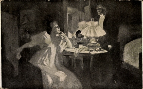 Jugendstil Künstler Ak von Reznicek, Ferdinand, Abrechnung, Frau und Mann bei Lampenschein