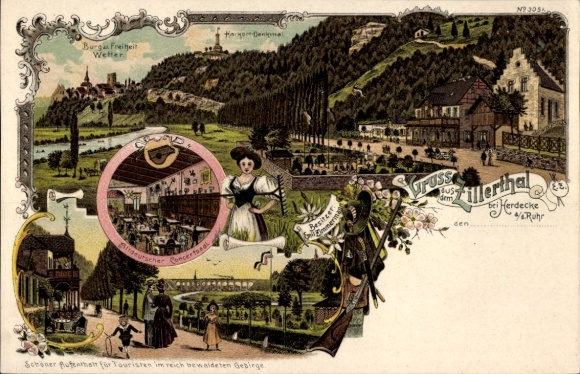 litho Herdecke an der Ruhr, Zillertal, herberg, tuin, Harkort-monument