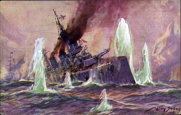 Artist PC Stöwer, Willy, Naval Battle North Sea 1915, English battle cruiser, German cruiser