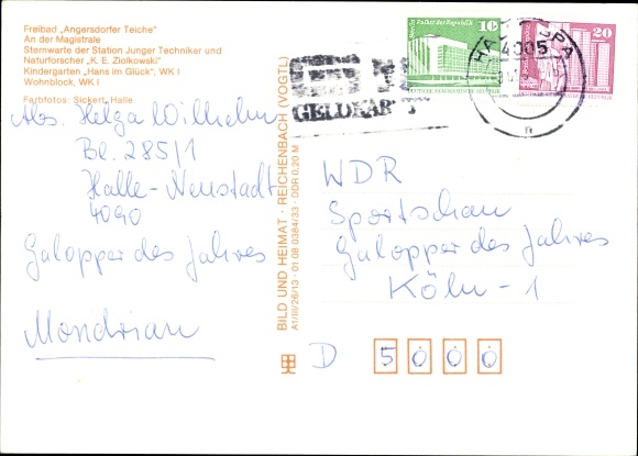 Postcard Halle Neustadt, outdoor pool Angersdorfer ponds, highway, observatory, kindergarten