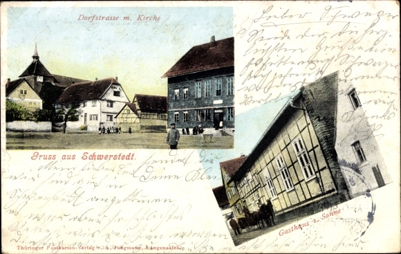 PC Schwerstedt near Straußfurt Thuringia, village street, church, Gasthaus zur Sonne