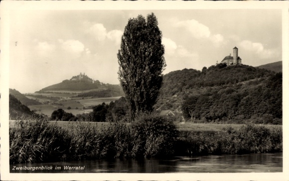 Postcard Hedemünden Hann. Münden in the Werra Valley, two castles view, river landscape, tree