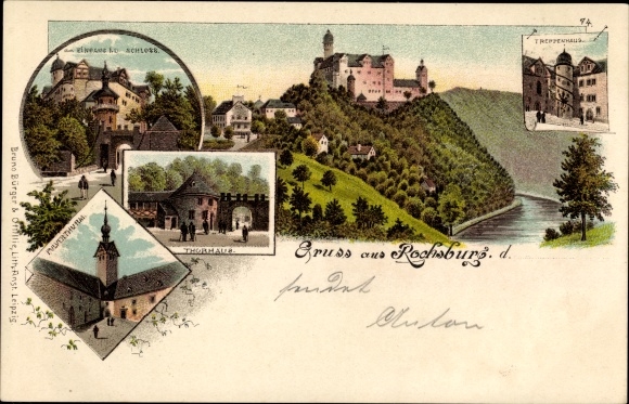 Chromo-Litho Rochsburg Lunzenau in Saxony, Thorhaus, castle, powder tower, staircase
