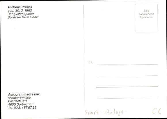 Postcard table tennis, Andreas Preuß, Borussia Düsseldorf, autograph