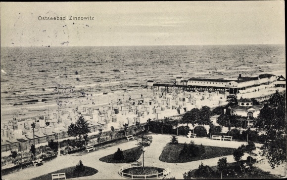 Postcard Baltic resort Zinnowitz Usedom, view of the beach, park and sea