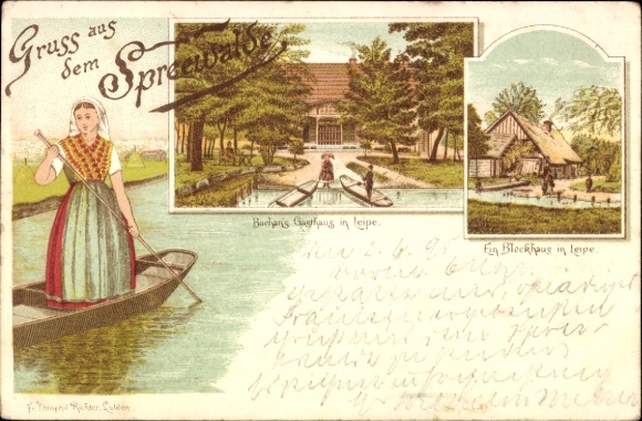 Vorläufer Litho Leipe Lübbenau im Spreewald, Gasthaus, Blockhaus, Frau in Tracht