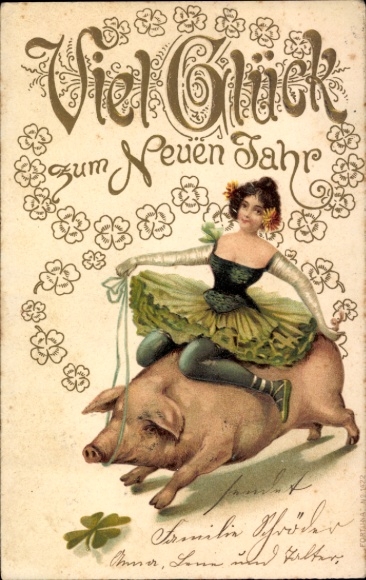 Chromo-Litho Happy New Year, woman riding on pig, lucky clover
