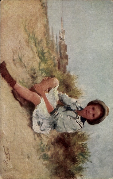 Künstler Ak Seeger, Kind sitzt am Strand, Gemaltes Porträt