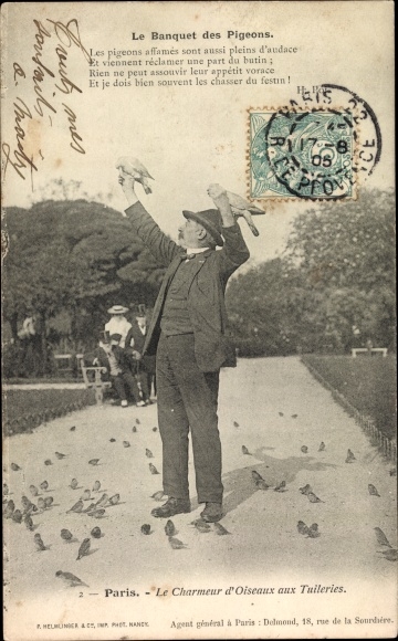 Postcard Paris, The Bird Charmer at the Tuileries, The Banquet of the Pigeons
