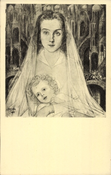 Artist Postcard Toorop, J., Madonna and Child in front of a Cathedral