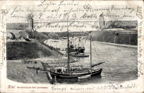 Postcard Levensau Neuwittenbek in Schleswig-Holstein, high bridge, Kaiser Wilhelm Canal, ship