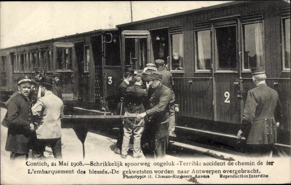 Postcard Contich Kontich Flandern Antwerpen, spoorweg ongeluk, railway accident 1908, the injured