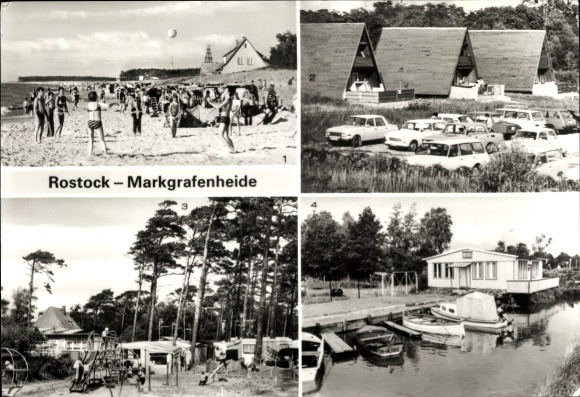 Ak Ostseebad Markgrafenheide Rostock, Strandansicht, Bungalowsiedlung, Zeltplatz, Bootsanleges...