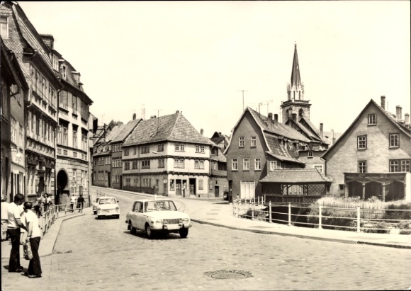 Postcard Bad Langensalza in Thuringia, city view, Mühlhäuser Straße, buildings, church, traffic