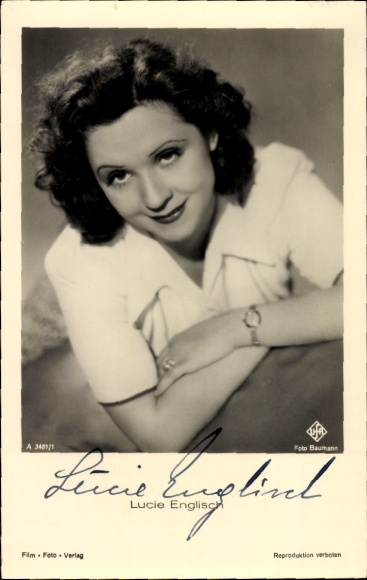Postcard actress Lucie English, portrait, Ufa film, autograph