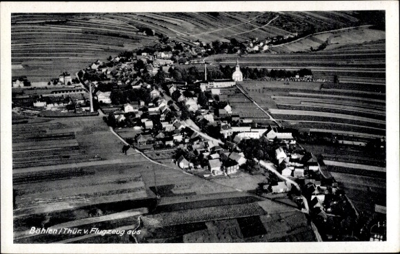 Postcard Böhlen in the district of Leipzig, aerial view of fields and houses, church visible