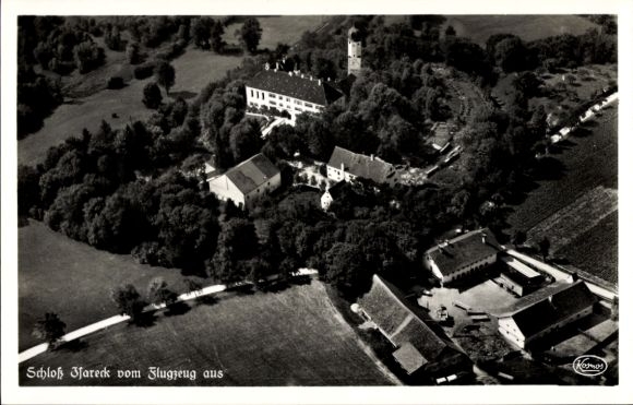 Postcard Isareck Wang in Upper Bavaria, Isareck Castle, aerial photograph