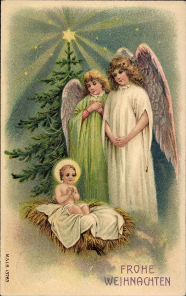 Embossed PC congratulations Christmas, angel, Christmas tree, baby Jesus