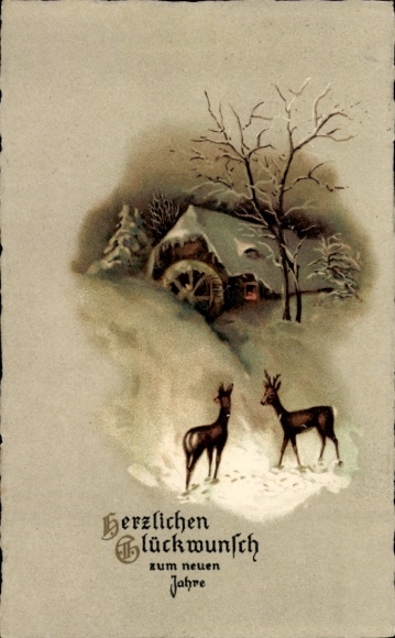 Ak Neujahrsglückwunsch, Wassermühle im Winter, Rehe