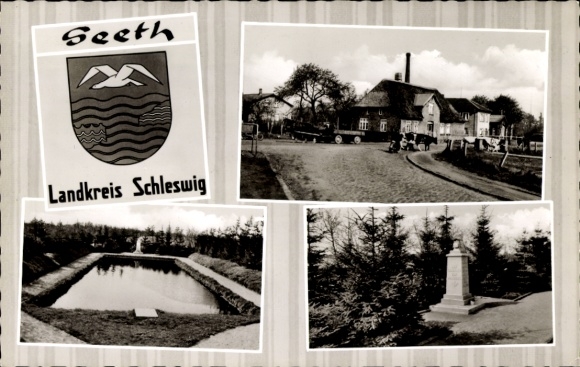 Ak Seeth Ekholt Sleeswijk-Holstein, wapen, gedeeltelijke aanzichten, monument, waterbassin