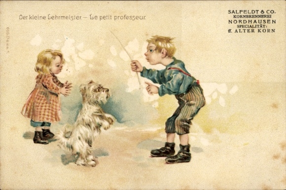 Litho Der kleine Lehrmeister, Kinder, Hund, Brennerei Salfeldt & Co., Reklame