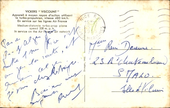Postcard French passenger aircraft, Air France, Vickers Viscount