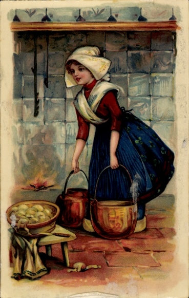 Postcard girl in Dutch costume, kitchen, bucket, flame