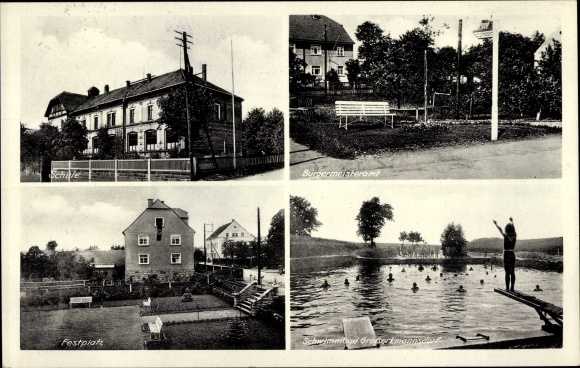 Postcard Großerkmannsdorf Radeberg Sachsen, swimming pool, fairground, school, mayor&#39;s office