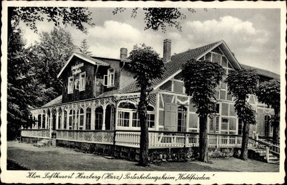 Ak Herzberg am Harz, luchtkuuroord Herzberg, recreatiecentrum Waldfrieden, architectuur