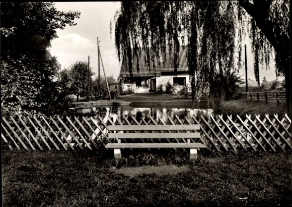Postcard Gehlenbeck Lübbecke in Westphalia, black and white photography, bench in the foreground, house in