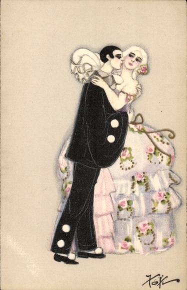 Artist Postcard Pierrot embraces a woman, lovers