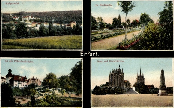 Postcard Erfurt in Thuringia, Steigerwald, In the city park, At the gate bridge, Cathedral and Severikirche