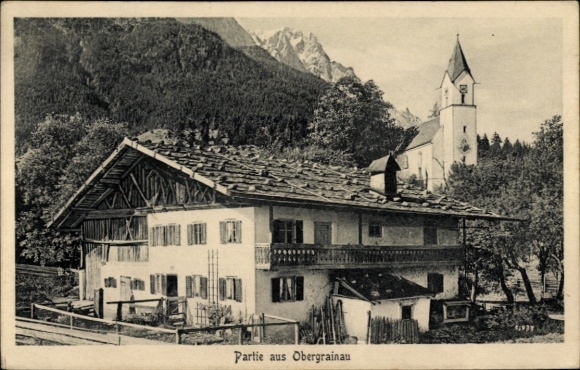 Postcard Obergrainau Grainau in Upper Bavaria, house with wooden veranda, church in the background, mountains