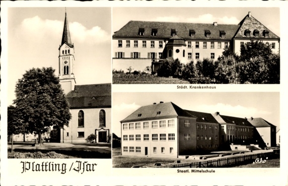 Postcard Plattling in Lower Bavaria, church, hospital, middle school, architecture