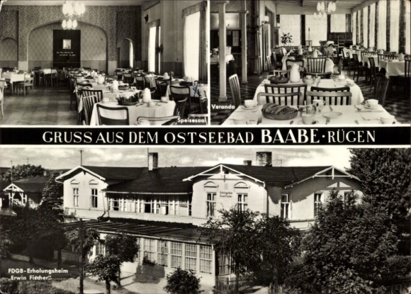 Postcard Ostseebad Baabe on Rügen, dining room, veranda, greetings from the Ostseebad Baabe Rügen, FDGB-E...