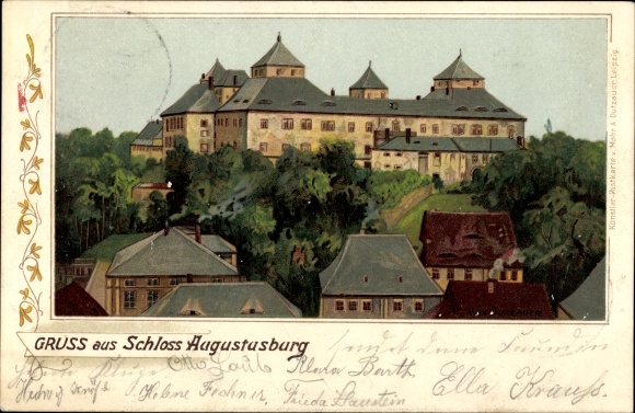 Artist Chromo-Litho Dutzauer, Max, Augustusburg Ore Mountains, View of the town and the castle