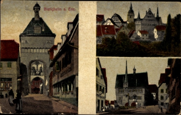 Ak Metterzimmern Bietigheim-Bissingen Württemberg, stadsmuur, oude huizen, kerk, architectuur
