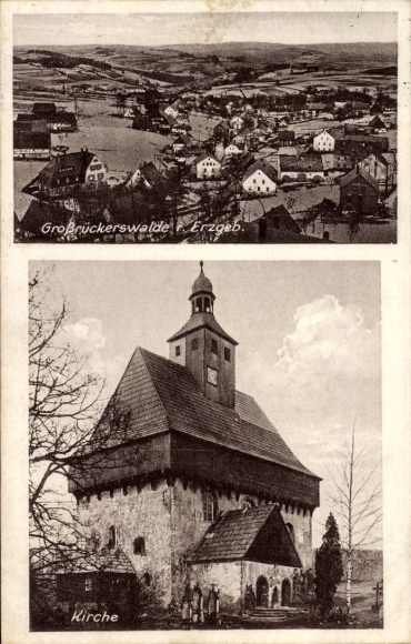 Ak Großrückerswalde Erzgebirge, algemeen uitzicht, kerk